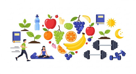 Fototapeta premium Healthy lifestyle concept with fruits vegetables yoga running and fitness icons vector illustration for wellness and nutrition
