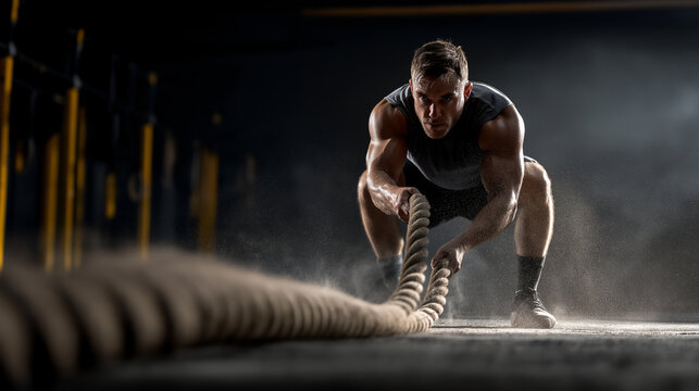 Hyrox sports athlete pulling heavy sled with rope in indoor fitness race arena.