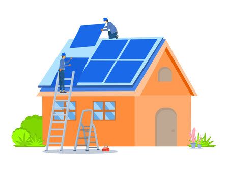 Technical electrical building solar cells at home for concept technology renewable energy, clean energy, sustainable development, environmental. Vector people working on rooftop. Esg
