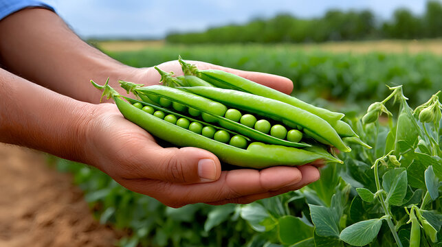 Field bean plants, green beans on a rural farm, pea, Pea in the vegatable garden. Vicia faba, also known in the culinary sense as the pea, fava bean, or faba bean is a species, pea plant, field bean.