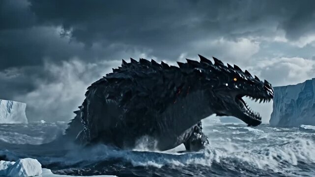 Armored Plesiosaur Breaching the Surface in a Stormy Sea