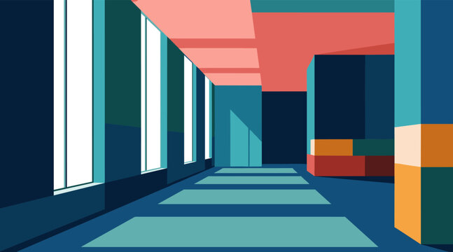 Modern corridor bathed in sunlight and geometric shadows