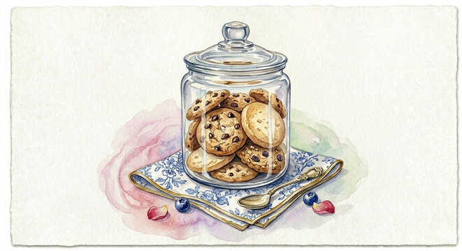 Vintage watercolor illustration of a glass jar filled with cookies on a blue floral napkin, isolated on white.
화이트 배경에 고립된 블루 플로럴 냅킨 위 쿠키가 담긴 빈티지 유리병 수채화 일러스트
