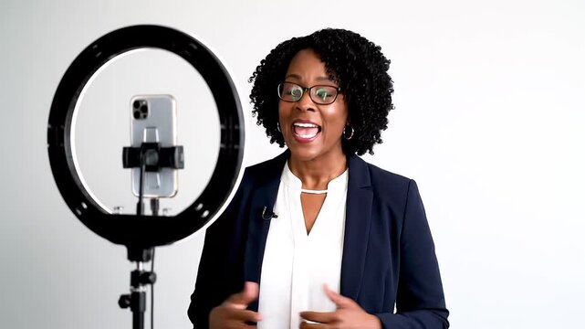 Woman speaking in front of a ring light, creating content for social media or video production