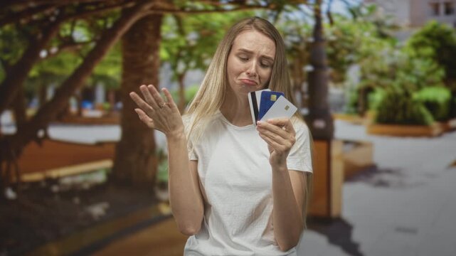Woman holding creditcard rubbing eye and frowning on street near planters and trees; financial stress.