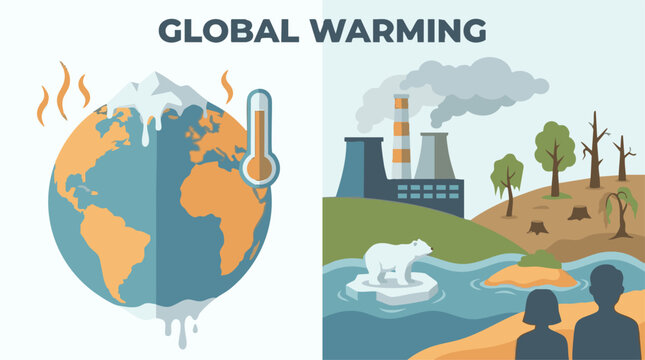 Global Warming and Climate Change Impacts Illustration with Melting Earth