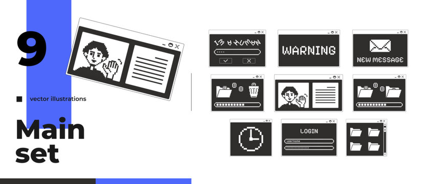 Comprehensive monochrome pixel pop-up window pack. File manager. Login form. System dialog box. Transfer delete. Pixelated blocky interface design. Retro 16bit UI overlays. Solid web popup collection