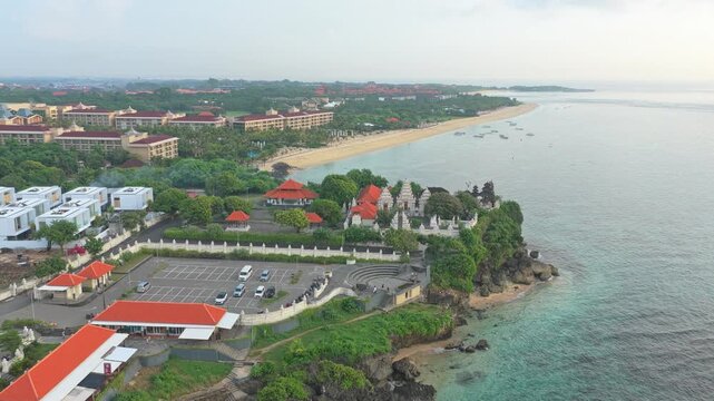 Aerial view of pura geger temple and nusa dua beach in bali