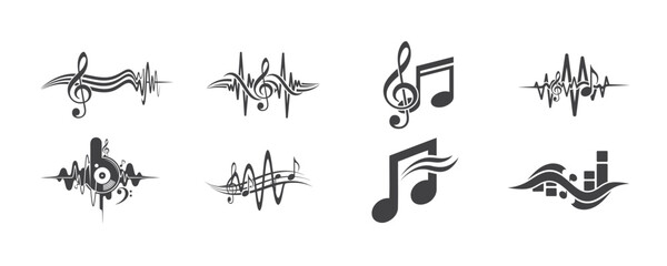 Naklejka premium Collection of various music notes and sound wave icons in black