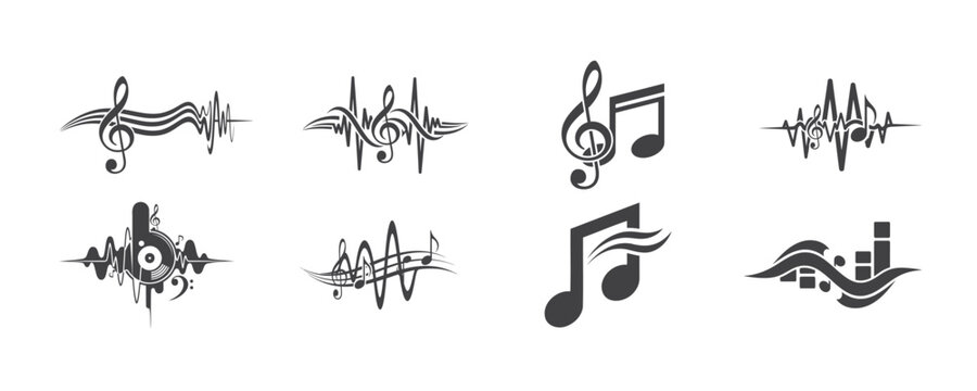 Collection of various music notes and sound wave icons in black