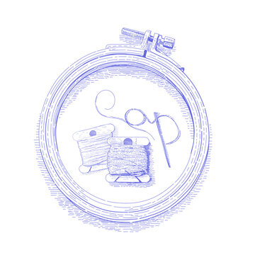 Embroidery Hoop.  Babins with floss mouline and a needle with thread.  Top View.  Vintage vector illustration