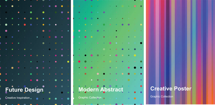 Modern abstract poster collection, creative future design with colorful geometric dots and vertical stripes, set of 3 vector background templates