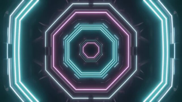 POV 3D Render. Flying through neon octagonal tunnel in gaming room. Glowing cyan and magenta lights, symmetrical design. Cyberpunk, Sci-Fi, Abstract Background.