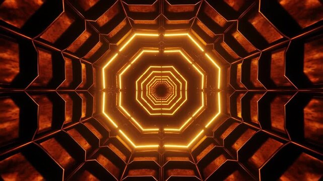 POV. Moving through futuristic octagonal tunnel with glowing orange lights. Dark metal, 3D animation. Sci-fi, space loop.
