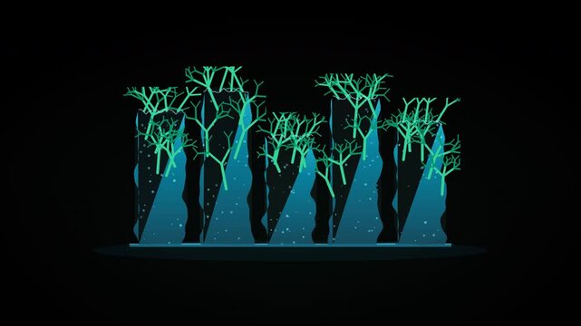 Blue forest trees in an otherworldly glow stand out against a dark backdrop. Suitable for mystical concepts, fantasy themes, and dreamy designs.