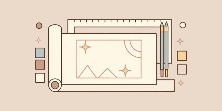 Stationery and drafting tools arranged on a light beige background