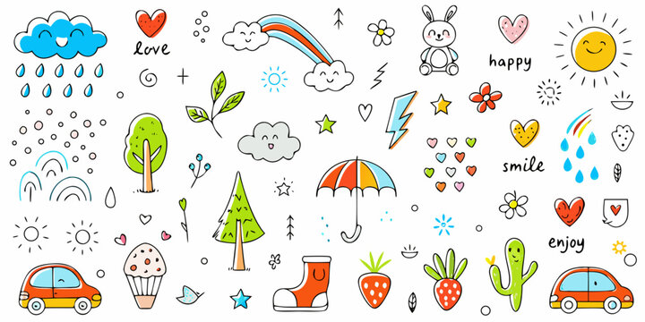 Colorful doodle set featuring hearts clouds rainbows and cheerful objects