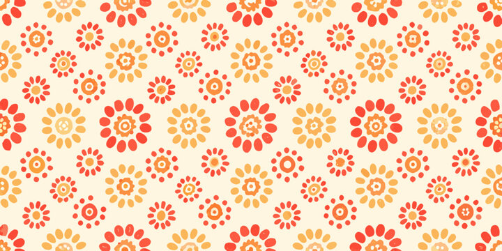 A seamless pattern of stylized flowers in shades of orange and yellow