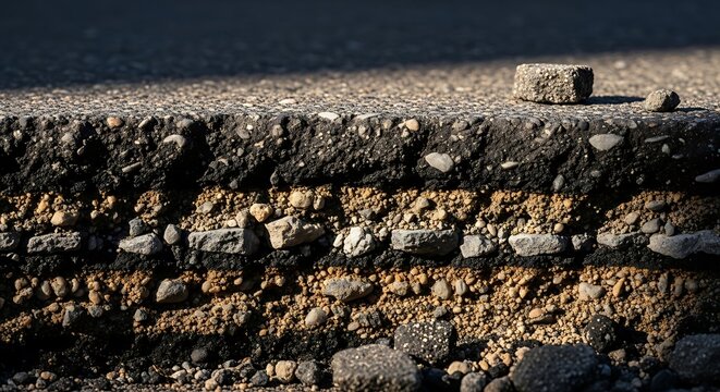 Detailed close up of asphalt road layers structure