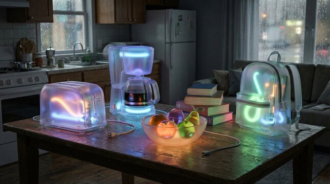 Translucent glowing household appliances and backpack. Futuristic neon objects in kitchen