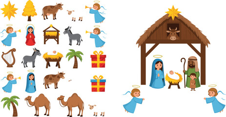 Obraz premium Set of Nativity Scene Elements Including Angels, Mary, Joseph, Donkey, and Animals for Christmas, Holiday, and Religious Designs