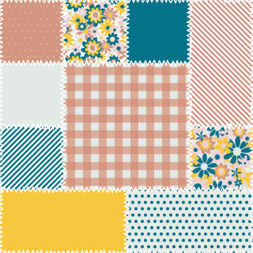 gentle pastel colored patchwork seamless pattern with stitches and floral motif 