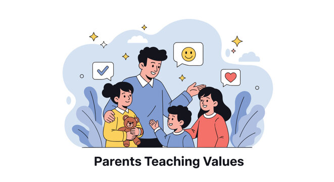 Father teaching moral values and positive emotions to his three children to promote character development and family bonding.
