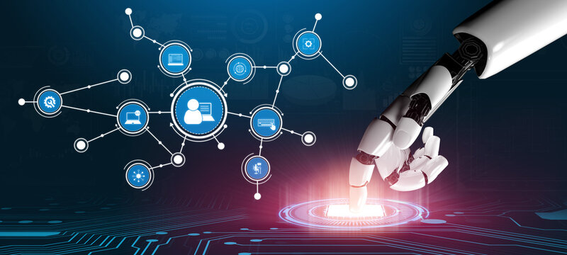 A detailed image of a robotic hand interacting with a digital network, showcasing the integration of technology and artificial intelligence in modern society. Tessel