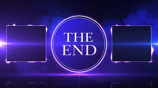The end screen displays a final message with glowing purple squares.