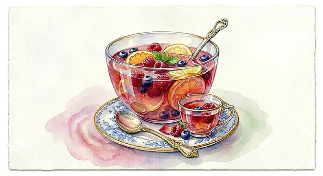 Vintage watercolor illustration of a fruit punch bowl with berries and antique spoon, isolated on white.
화이트 배경에 고립된 신선한 베리와 레몬 슬라이스가 든 빈티지 유리 과일 펀치 볼과 앤틱 스푼 수채화