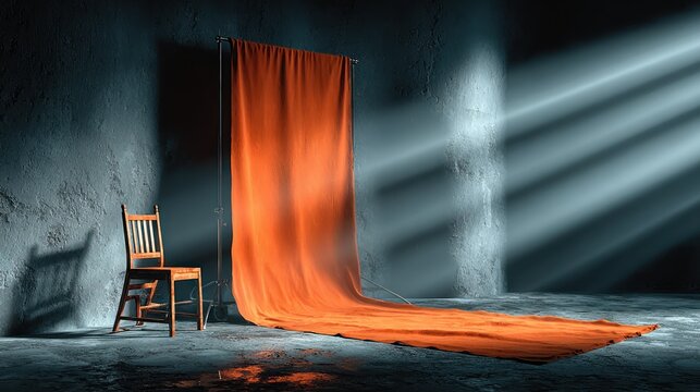 Empty Stage Area with Orange Curtain and Chair