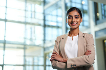 Fototapeta premium Confident businesswoman standing with arms crossed in a modern office setting with a blurred background