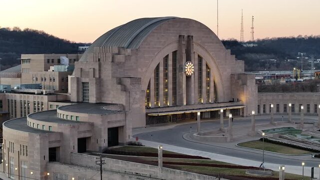 Aerial view of the grand Union Terminal station, a sandstone art deco building with rail cars in the background, Cincinnati, Ohio, United States.