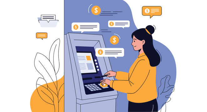Young woman uses an automated teller machine to manage her bank account and receive digital transaction notifications.