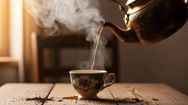 Steaming hot tea pouring into vintage cup, cozy morning ambiance 4K Ai HD high quality video.