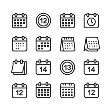 Collection of black and white line icons depicting calendars and time