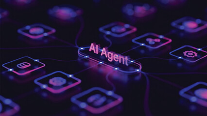 Top down perspective of AI agent node connected to various digital icons within glowing network layout representing centralized artificial intelligence management system. © SWEET