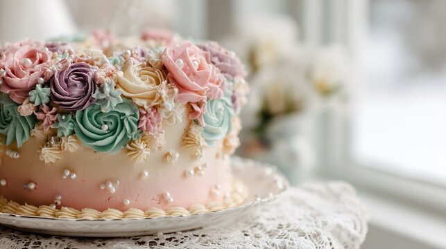 A pastel buttercream cake decorated with piped floral swirls and pearl sprinkles on a lace-covered table in bright daylight