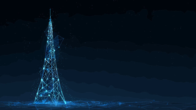 A futuristic abstract digital representation of a communication tower signifies global connectivity and information transmission.
