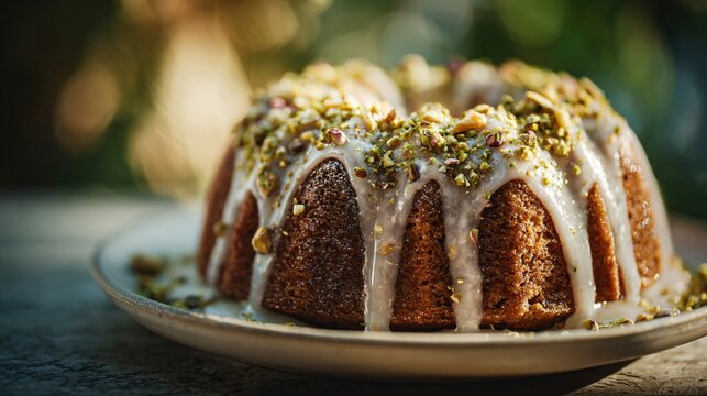 A pistachio and rosewater bundt cake glazed lightly and topped with crushed nuts in golden hour light