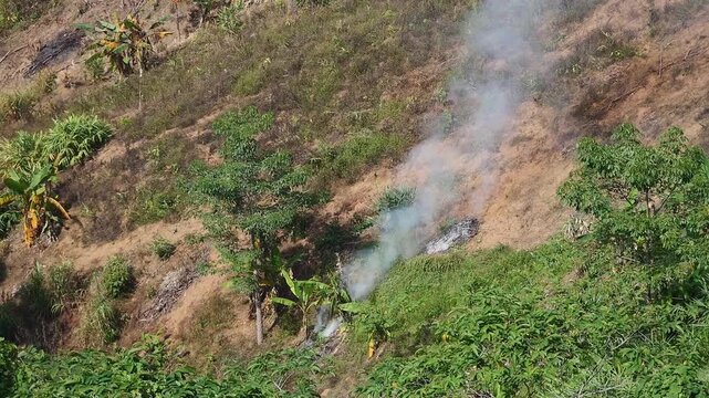 Slash and Burn Deforestation on Steep Hillside, Burning Vegetation, Air Pollution