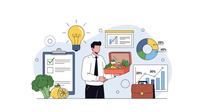 Professional man holds a box of fresh vegetables surrounded by business charts and checklists for a healthy lifestyle.