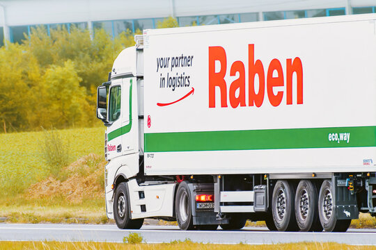 Freight carrier Raben vehicle beside grassy roadside area 29.08.2025 Poland, Europe