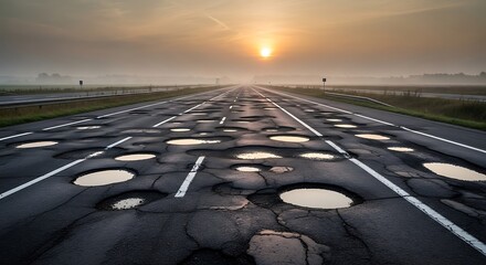 Obraz premium A sunlit road with many potholes in poor condition