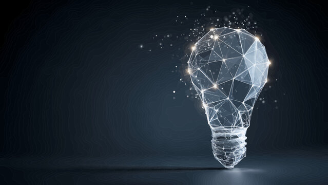 Light bulb formed by a complex digital mesh illuminates the surrounding space to illustrate the spark of innovation and creative problem solving.