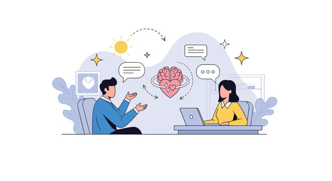 Man and woman engage in a conversation about emotional intelligence with a heart and brain icon between them.