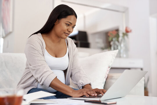 Reading, typing or pregnant woman with laptop on couch, maternity forum or research on fetus development. Home, learn or person with pc for childbirth planning, prenatal health info or baby name blog