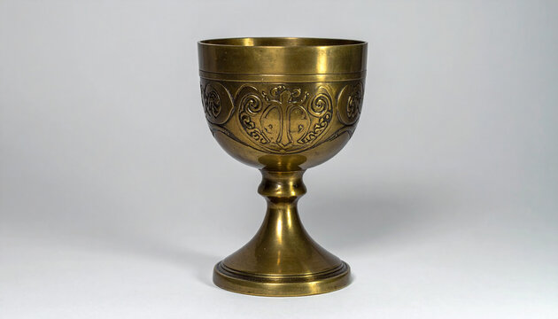 Close-up of an antique brass goblet with detailed embossed relief ornamentation