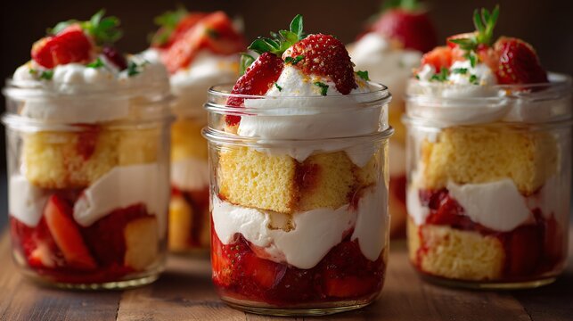 A strawberry shortcake trifle layered in individual glass jars with sponge, cream, and berries visible in clear defined layers in bright brunch light