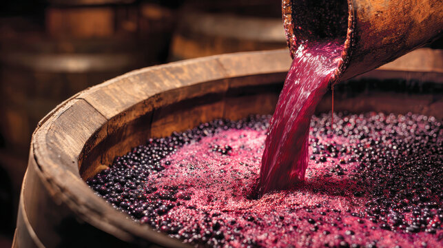Crushed red grapes pour into a wooden barrel, creating purple juice during the fermentation process in a winemaking setting with studio lighting